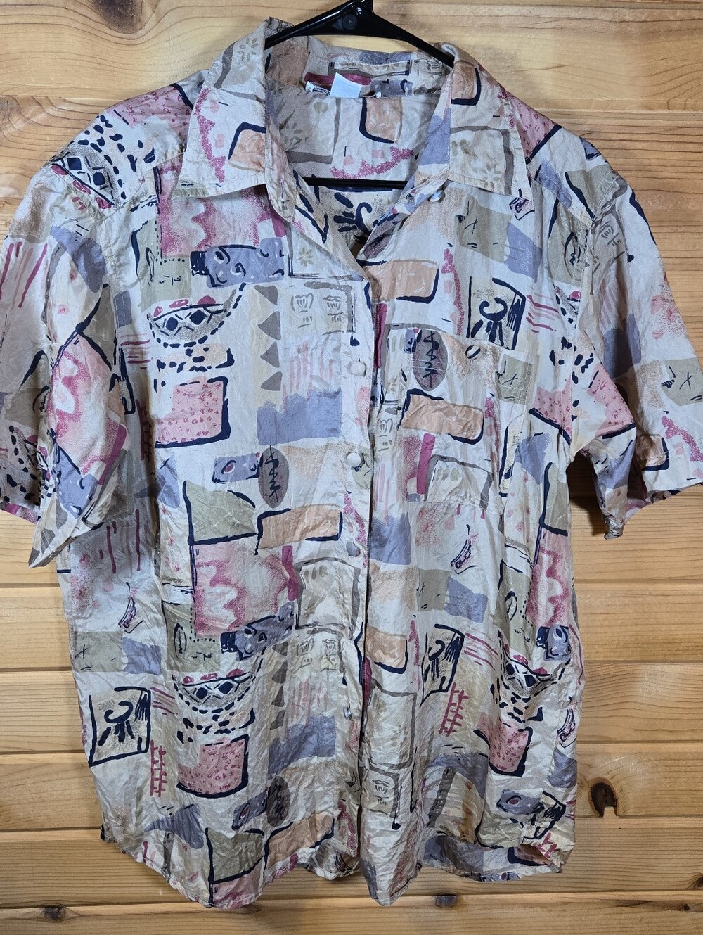 Vintage Silk Shirt Women's Large Abstract Geometric Pattern Button Up 80s 90s